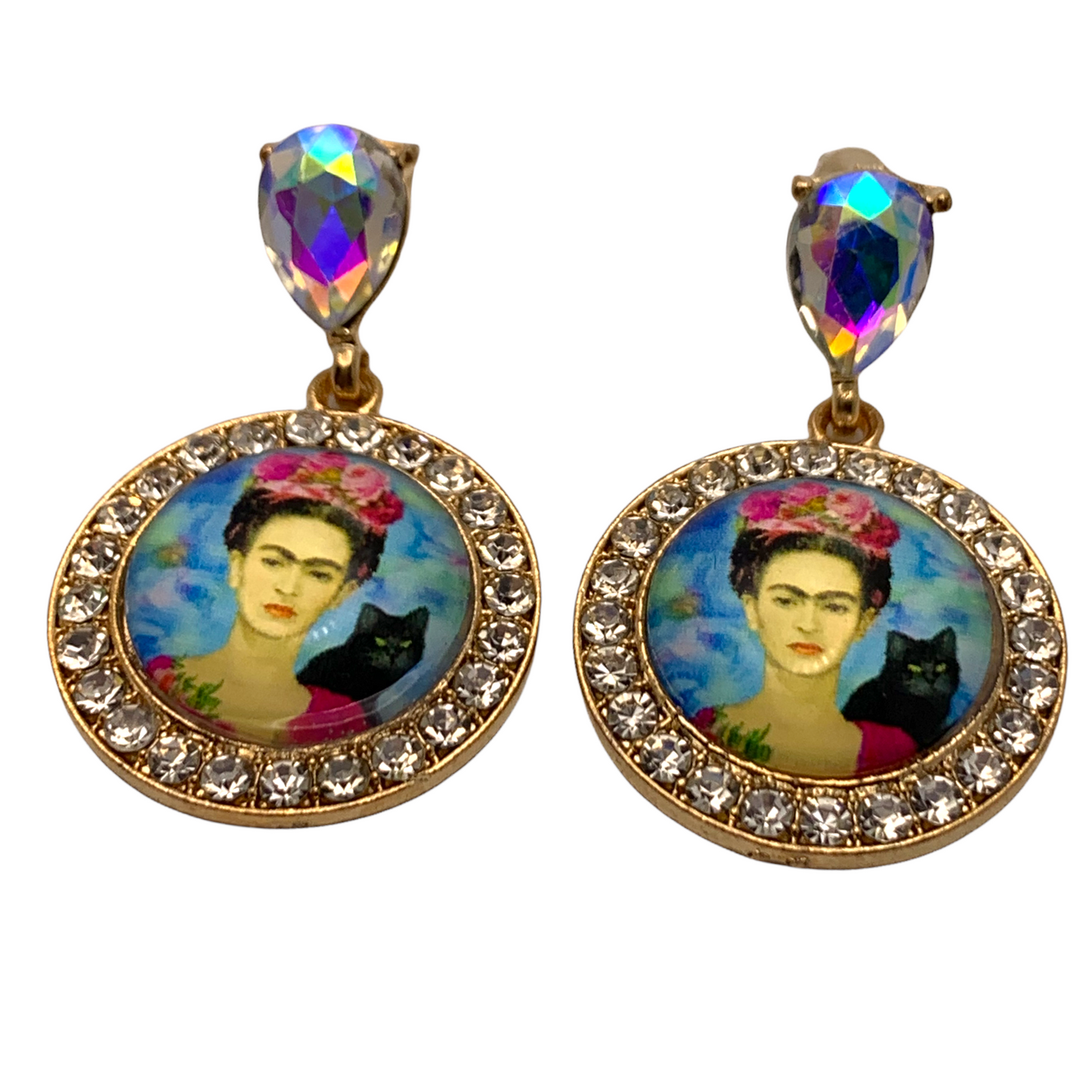 AB Crystal Round Medallion “Frida” Portrait Rhinestone Earrings