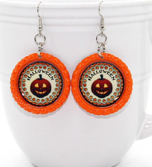 Jack O Lantern Bottle Cap Earrings