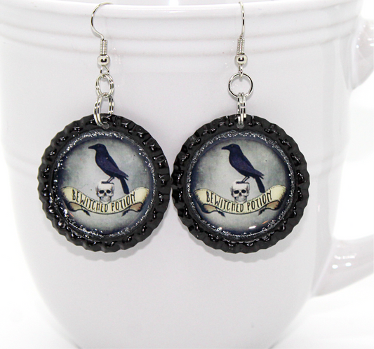 Crow & Skull Bottle Cap Earrings