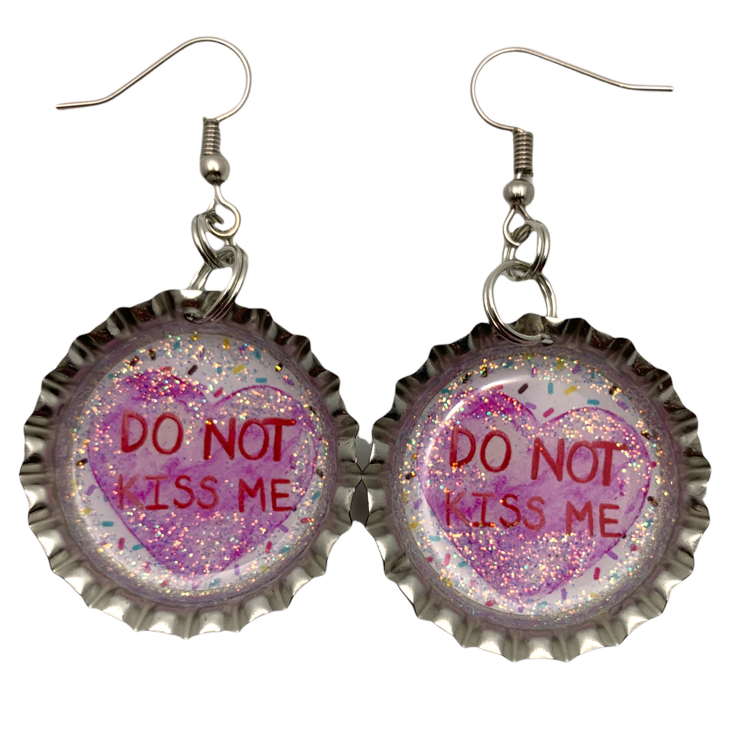 Valentine “Do Not Kiss Me” Bottle Cap Earrings