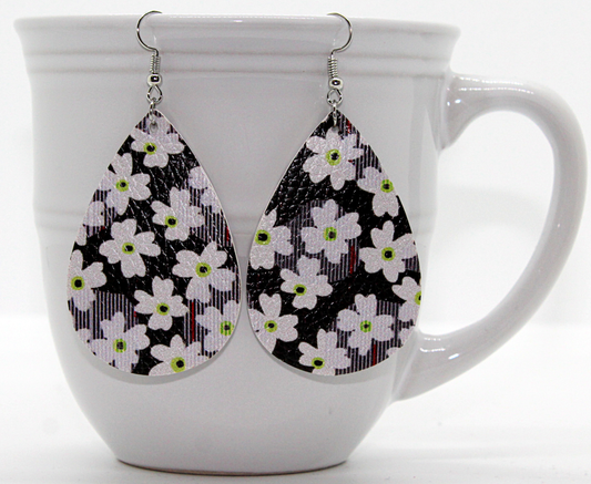 White & Black Floral Faux Leather Earrings