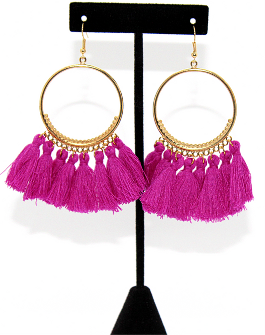 Boho Fuchsia & Gold Hoop Tassel Earrings