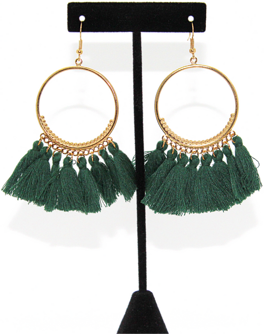 Boho Green and gold hoop tassel earrings 