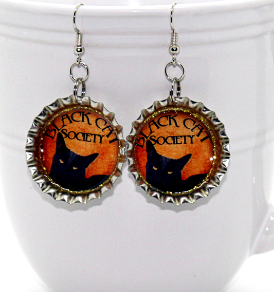 black cat society bottle cap earrings