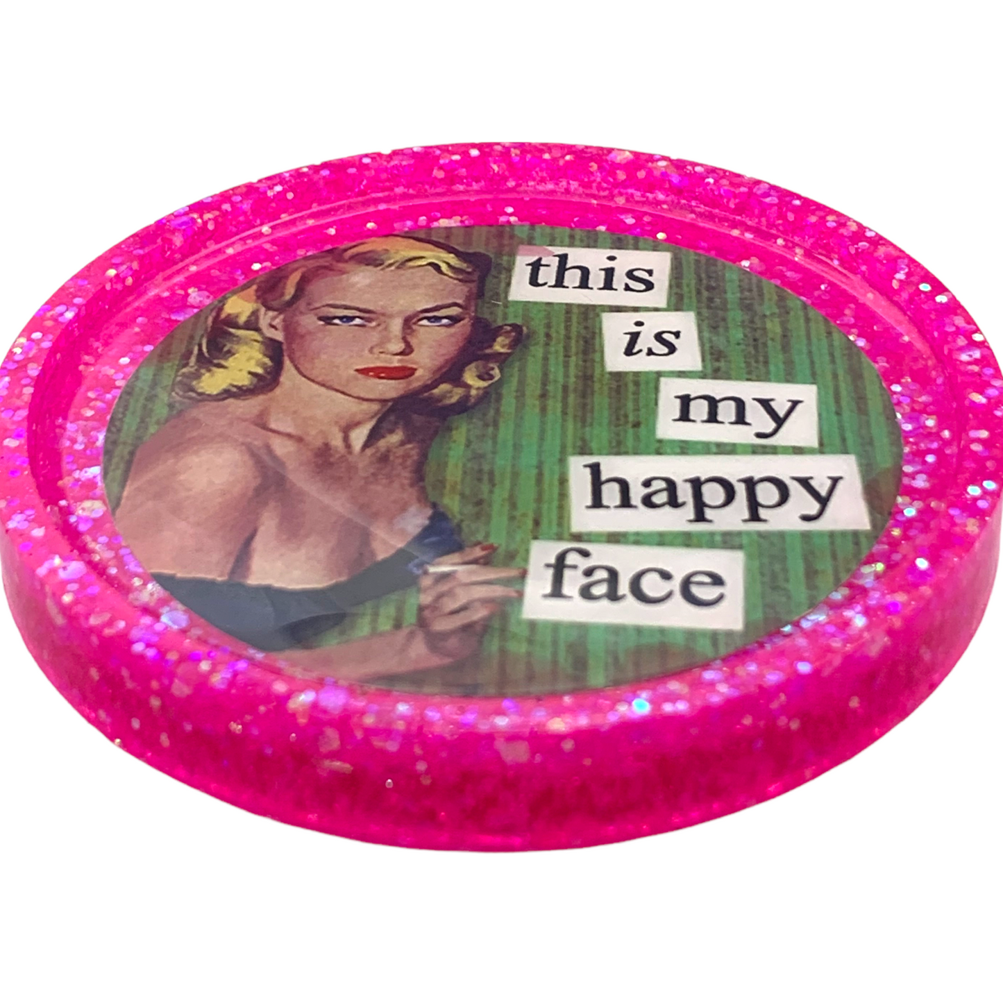 Retro “This is My Happy Face” Glitter Resin Coaster