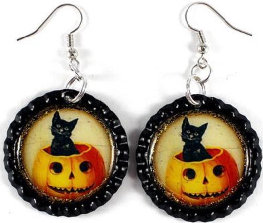 black cat and pumpkin halloween earrings