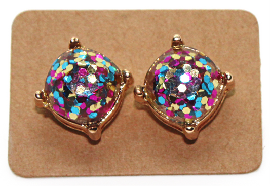 Pink Rainbow Glitter Gold Square Earrings