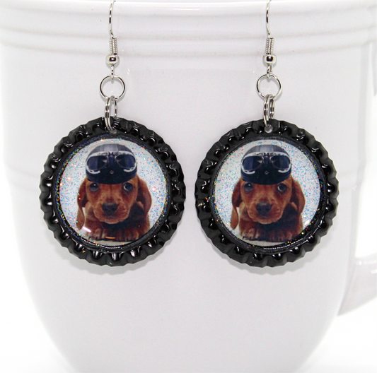 steampunk dog bottle cap earrings