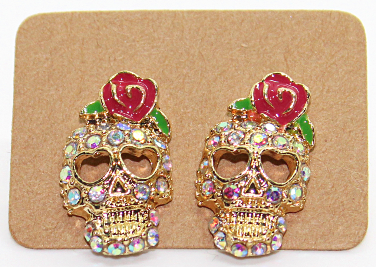 Rhinestone Skull and Rose Earrings