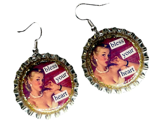 “Bless Your Heart” Retro Bottle Cap Earrings