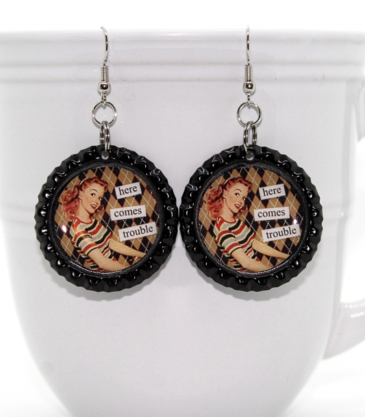 Retro “Here Comes Trouble” Bottle Cap Earrings