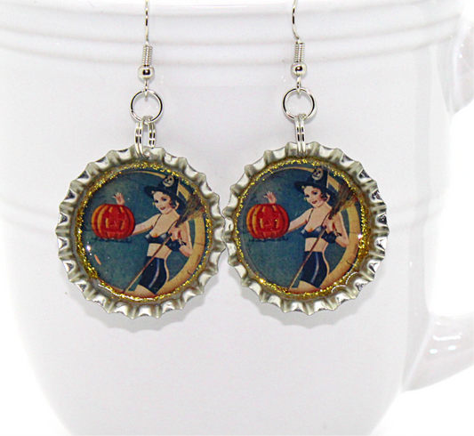 Vintage Halloween Pinup Witch Bottle Cap Earrings