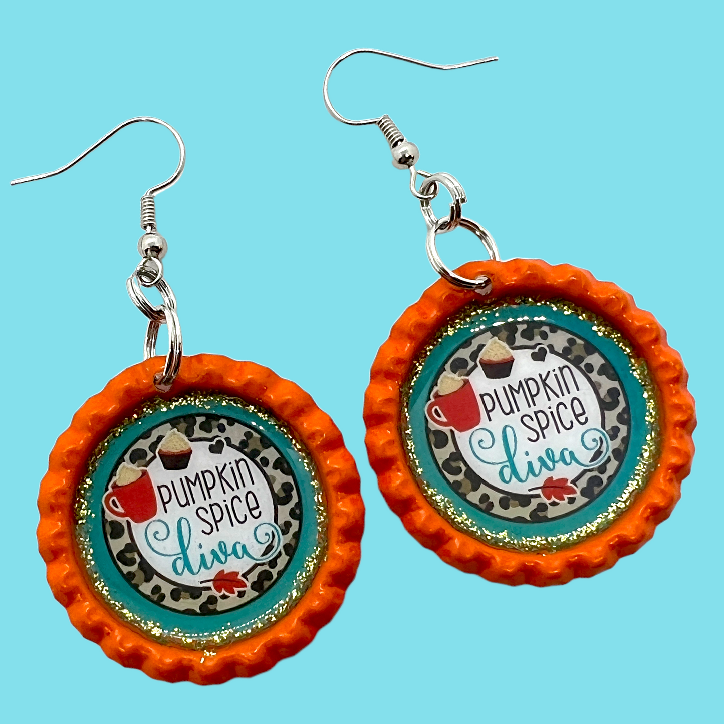 Pumpkin Spice Diva Earrings – Fall Coffee Lover Bottle Cap Jewelry