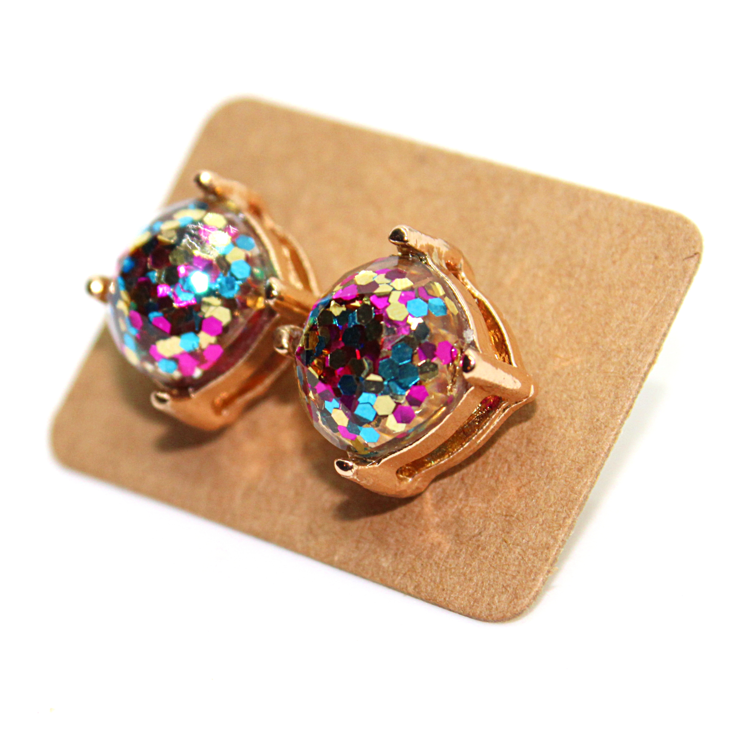 Pink Rainbow Glitter Gold Square Earrings