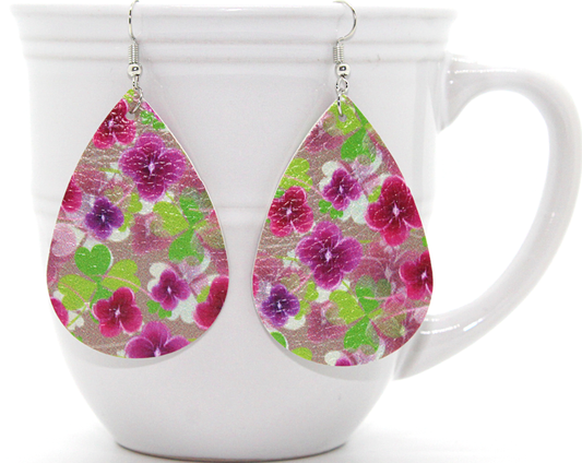 Purple Flowers & Shamrocks Faux Leather Earrings