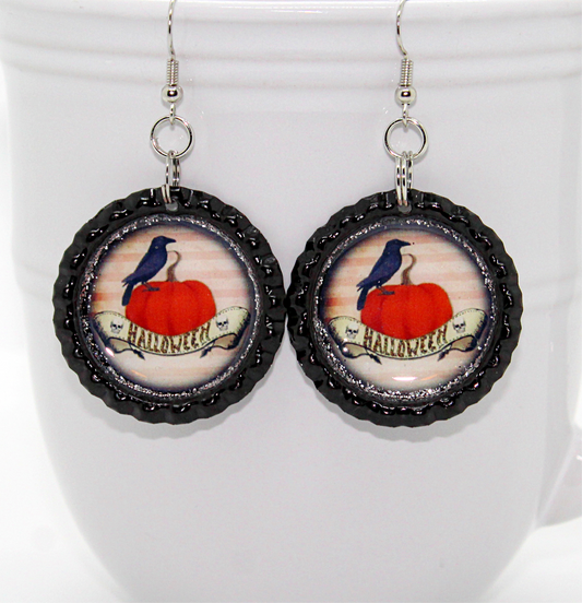 Crow & Pumpkin Halloween Bottle Cap Earrings