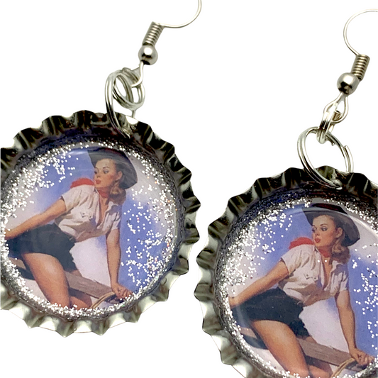 Cowgirl Pinup Bottle Cap Earrings