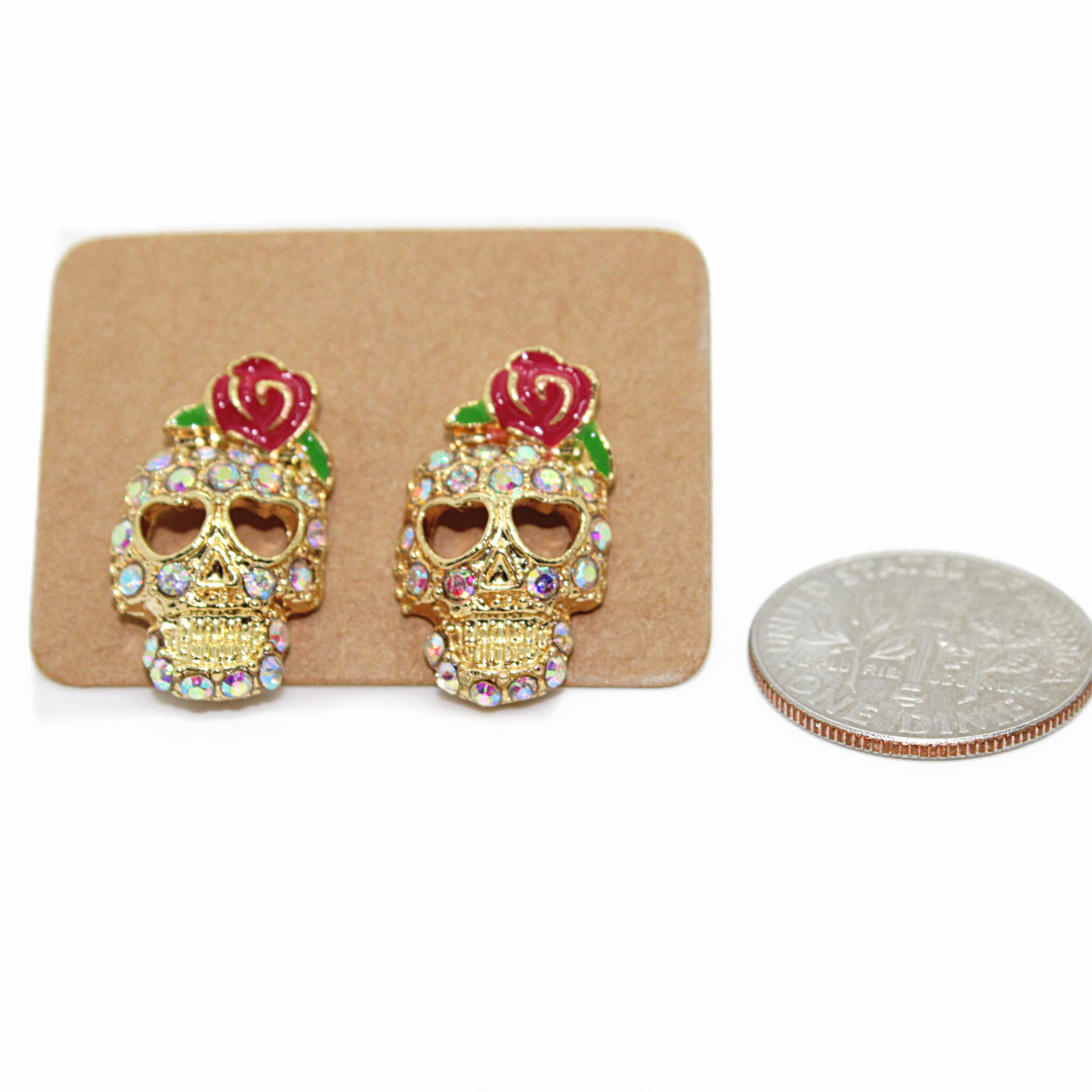 Rhinestone Skull and Rose Earrings