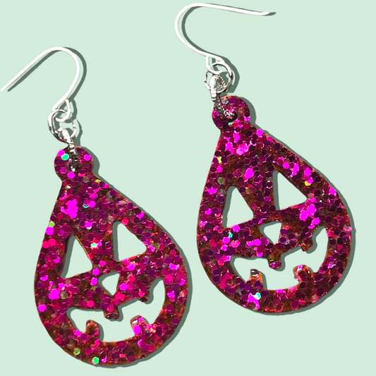 Fuchsia Glitter Jack o’lantern  Resin Earrings