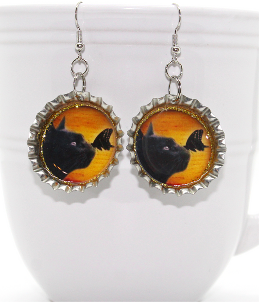 Black Cat & Butterfly Bottle Cap Earrings