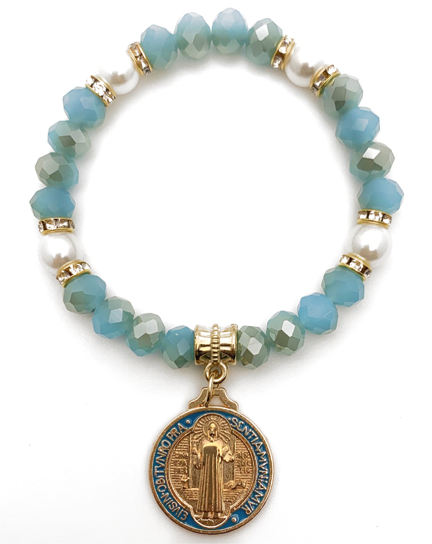 Light Blue Faceted Glass Bead Religious Bracelet