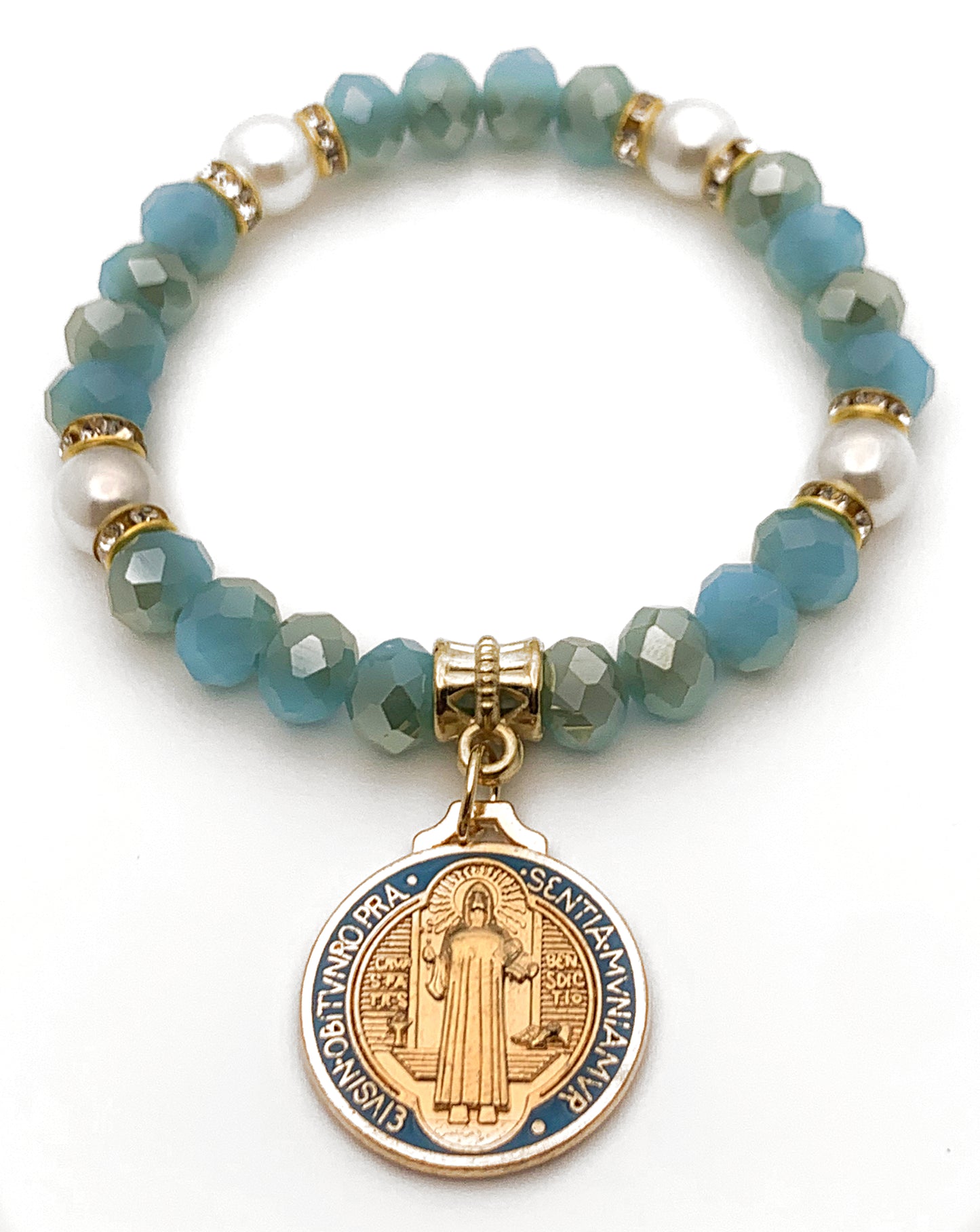 Light Blue Faceted Glass Bead Religious Bracelet