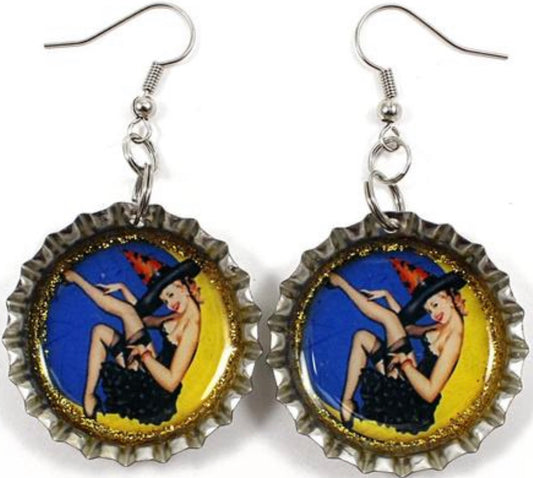 Vintage Halloween Pinup Witch Bottle Cap Earrings