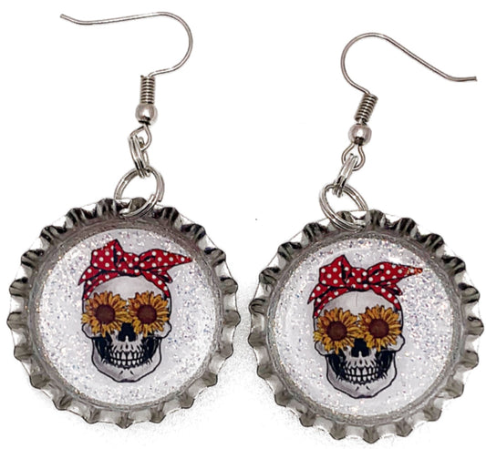 Sunflower & Bandanna Skull Bottle Cap Earrings