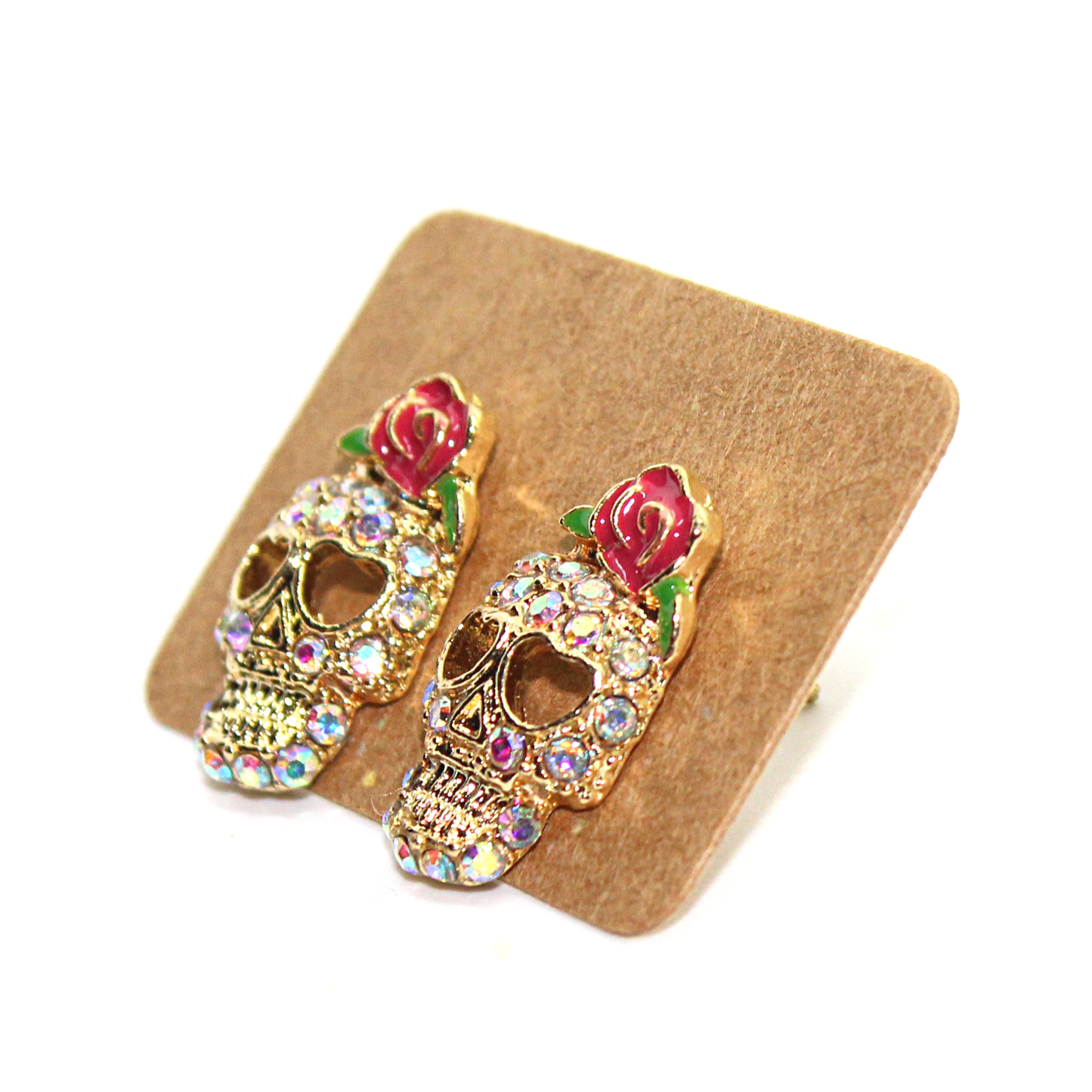 Rhinestone Skull and Rose Earrings