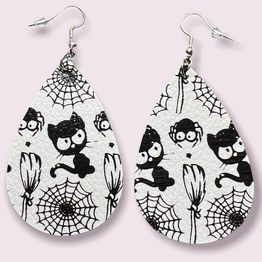 Whimsical Kitty and Spider Faux Leather Earrings