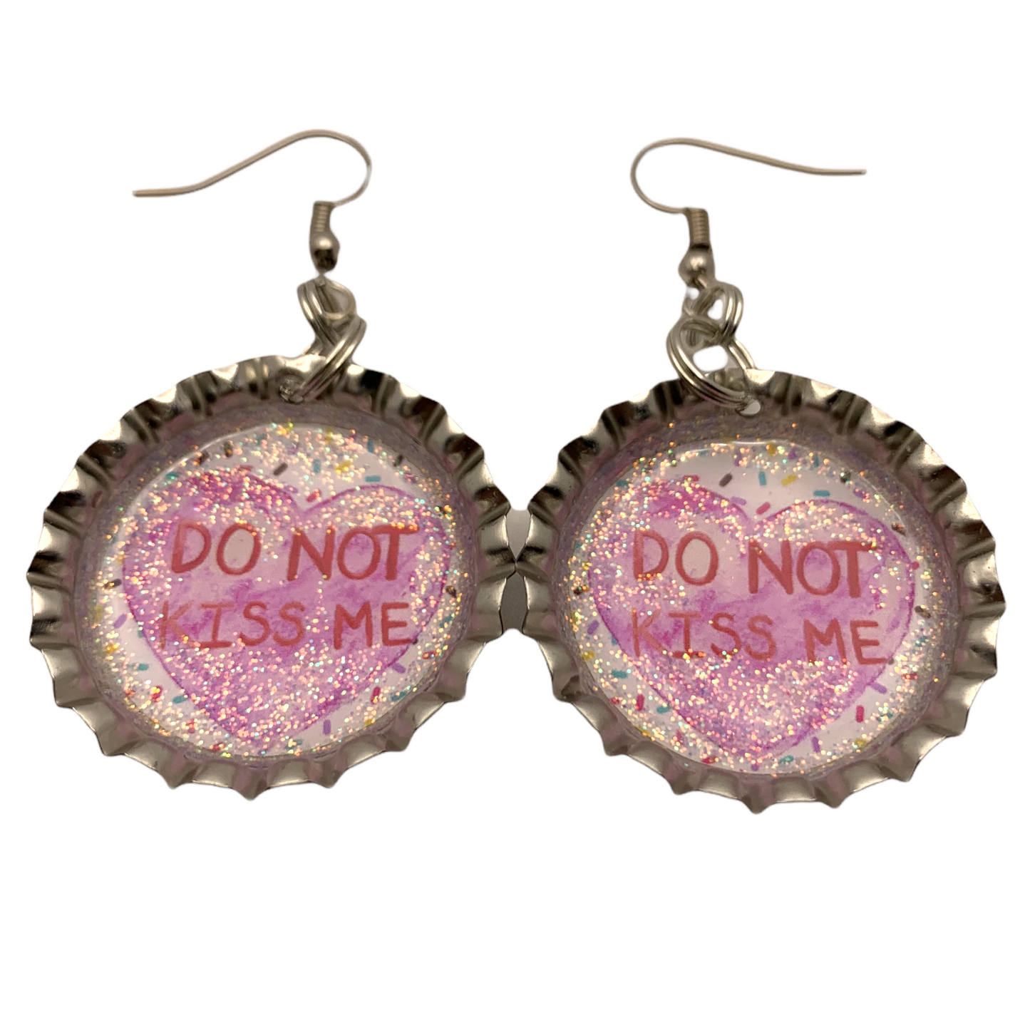 Valentine “Do Not Kiss Me” Bottle Cap Earrings