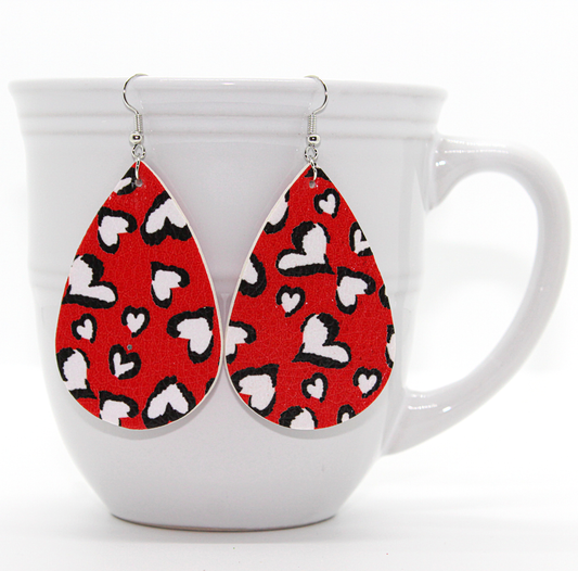 White & Red Faux Leather Heart Print Earrings