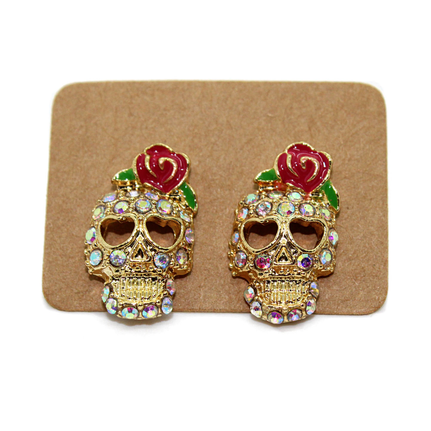 Rhinestone Skull and Rose Earrings