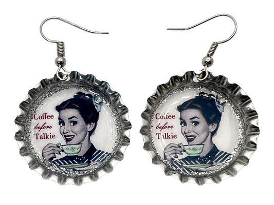 Retro “Coffee before Talkie” Bottle Cap Earrings