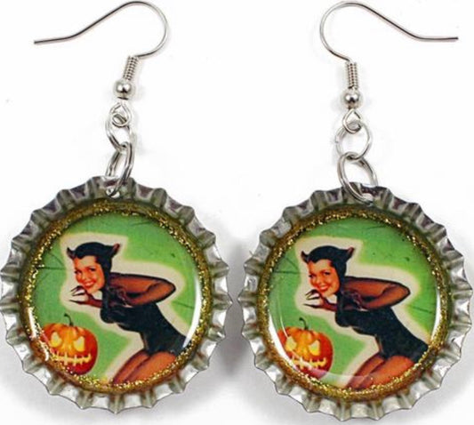 Vintage Halloween Pinup Cat Bottle Cap Earrings