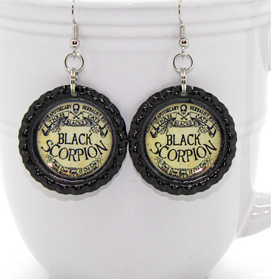 Black Scorpion Bottle Cap Earrings